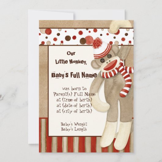 Sock Monkey, Garçon Faire-part de naissance (Devant)