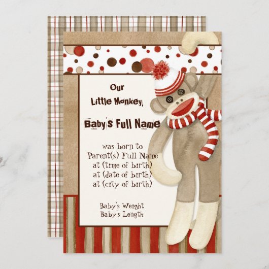 Sock Monkey, Garçon Faire-part de naissance (Devant / Derrière)