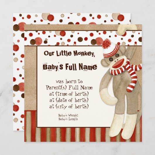 Sock Monkey, Garçon Faire-part de naissance (Devant / Derrière)