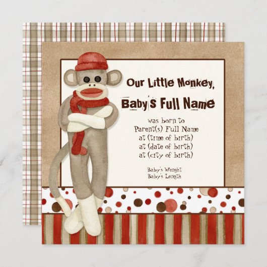 Sock Monkey, Garçon Faire-part de naissance (Devant / Derrière)