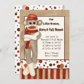 Sock Monkey, Garçon Faire-part de naissance (Devant / Derrière)