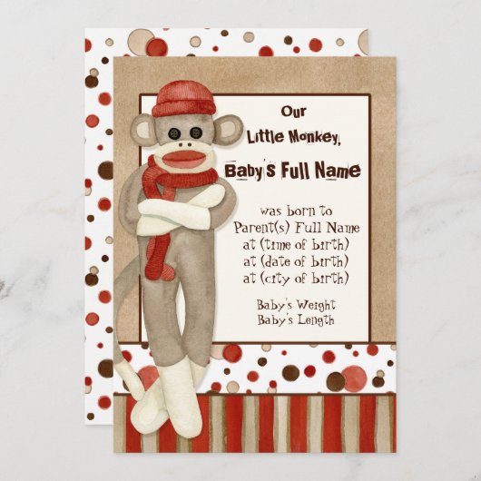 Sock Monkey, Garçon Faire-part de naissance (Devant / Derrière)