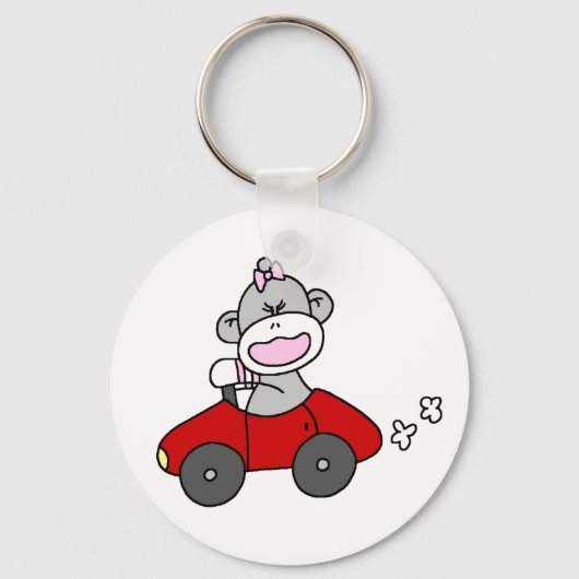Sock Monkey Girl in Red Car Sleutelhanger (Voorkant)