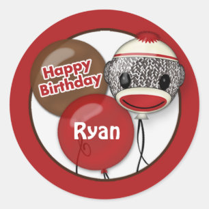 SOCK MONKEY "Happy Birthday" Ronde sticker SMR #2