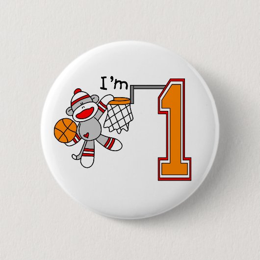 Sock Monkey Hoops 1st Birthday Button (Voorkant)