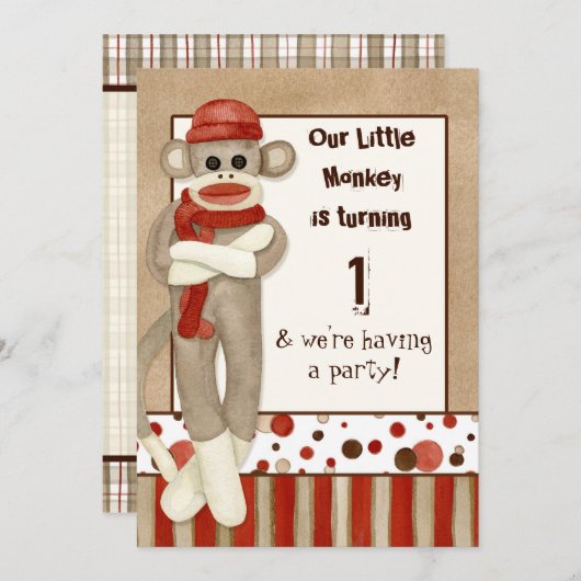 Sock Monkey, Invitation de fête d'anniversaire (Devant / Derrière)