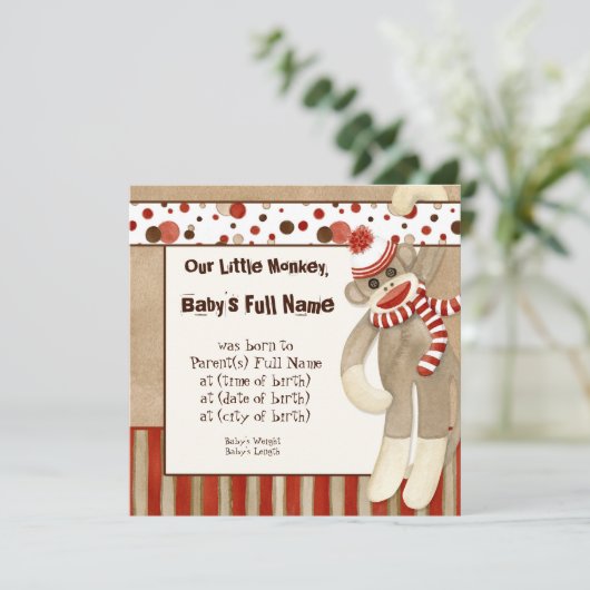 Sock Monkey, Jongen geboorteaankondiging Aankondiging (Staand voorkant)