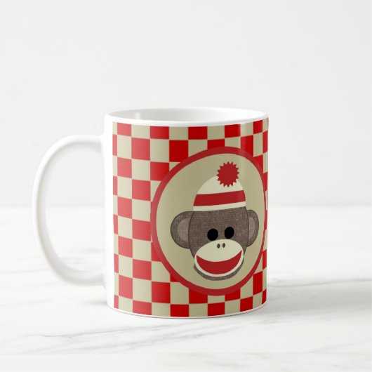 Sock Monkey jongen met rode en beige cheques mok (Links)