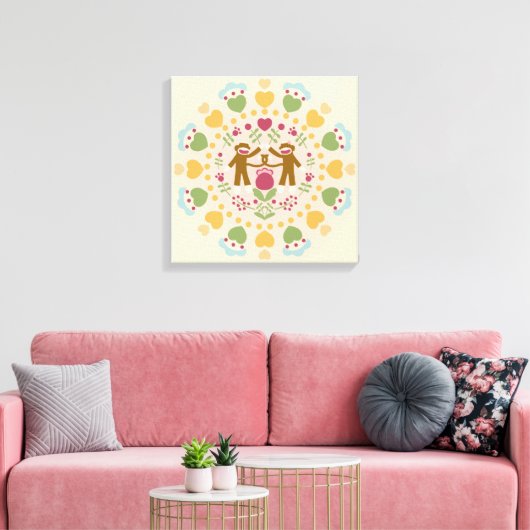 Sock Monkey Lovers in een Folk Garden Canvas Afdruk (Insitu (Woonkamer))