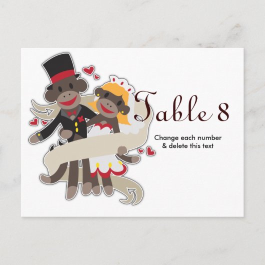 SOCK MONKEY Mariage Cartes de table Numéros Carte  (Devant)