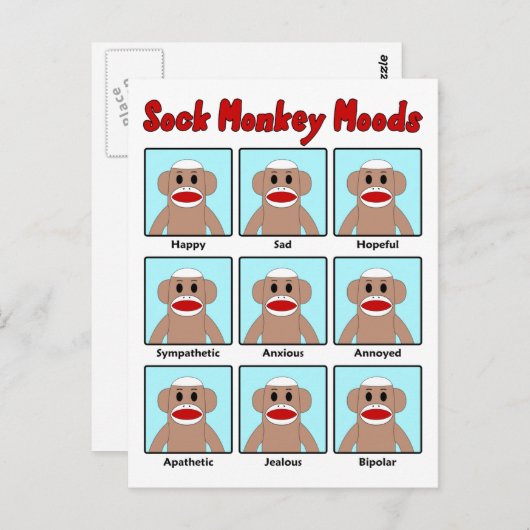 Sock Monkey Moods Briefkaart (Voorkant / Achterkant)