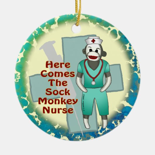 Sock Monkey Nurse, aangepaste naam ornament (Voorkant)