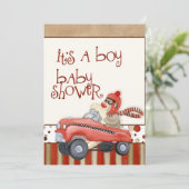 Sock Monkey Pedal Car, Boy Baby shower Invitation Kaart (Staand voorkant)