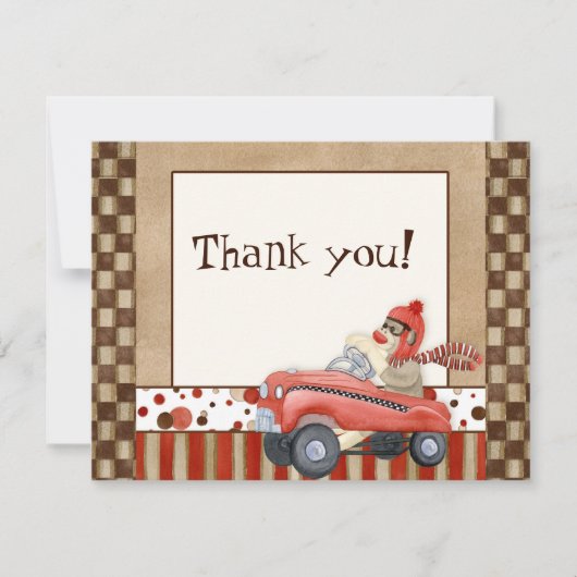 Sock Monkey Pedal Car, Merci Cartes De Note (Devant)