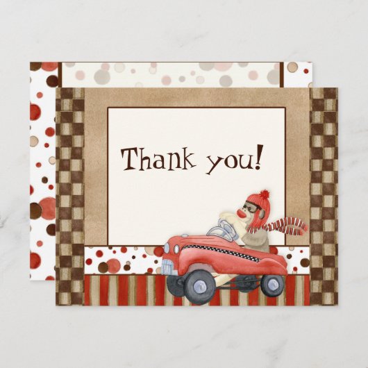 Sock Monkey Pedal Car, Merci Cartes De Note (Devant / Derrière)