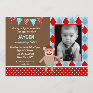 Sock Monkey Photo Invitations pour la fête d'anniv
