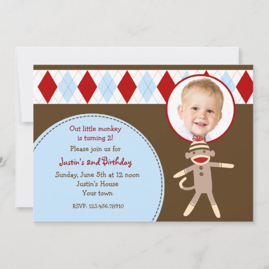 Sock Monkey Photo Invitations pour la fête d'anniv (Devant)