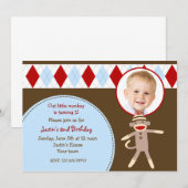 Sock Monkey Photo Invitations pour la fête d'anniv (Devant / Derrière)