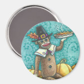 SOCK MONKEY PILGRIM THANKSGIVING DAAG MAGNET Round Magneet (Voorkant / Achterkant)