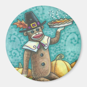 SOCK MONKEY PILGRIM THANKSGIVING DAAG MAGNET Round Magneet