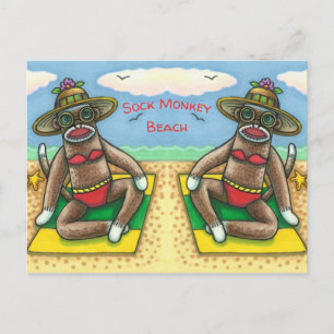 SOCK MONKEY RED BIKINI, BIJ DE BEACH CARTOON Funny Briefkaart