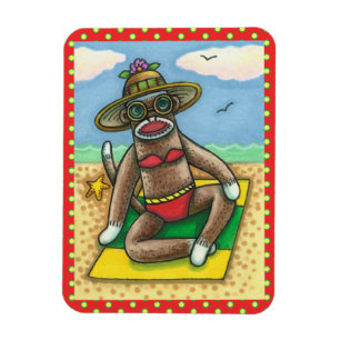 SOCK MONKEY RED BIKINI, BIJ DE BEACH CARTOON Funny Magneet