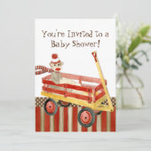 Sock Monkey, Red Wagon, Boy Baby shower Invitation (Debout devant)