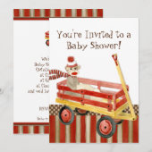 Sock Monkey, Red Wagon, Boy Baby shower Invitation (Devant / Derrière)