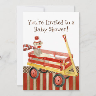 Sock Monkey, Red Wagon, Boy Baby shower Invitation