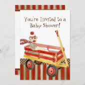 Sock Monkey, Red Wagon, Boy Baby shower Invitation Kaart (Voorkant / Achterkant)