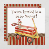 Sock Monkey, Red Wagon, Boy Baby shower Invitation Kaart (Voorkant / Achterkant)