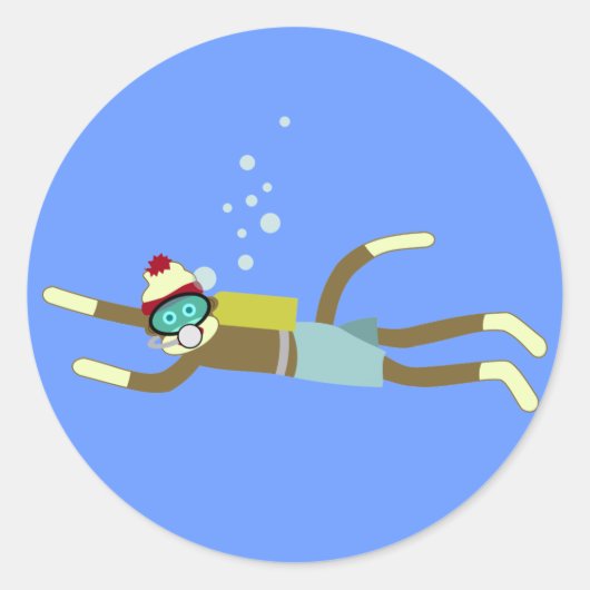 Sock Monkey Scuba Diver Ronde Sticker (Voorkant)