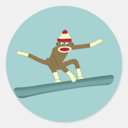 Sock Monkey Snowboarder Ronde Sticker (Voorkant)