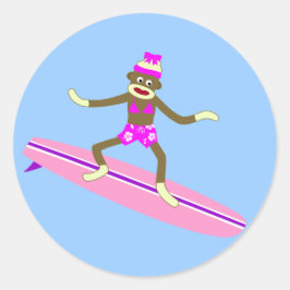 Sock Monkey Surfer Girl Ronde Sticker