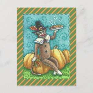 SOCK MONKEY THANKSGIVING EN PUMPKIN PIE BRIEFKAART