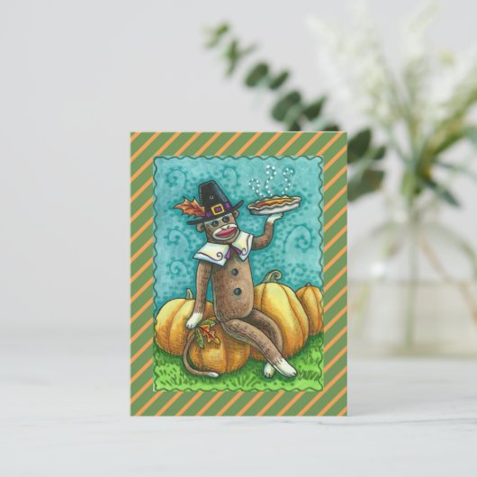 SOCK MONKEY THANKSGIVING EN PUMPKIN PIE FEESTDAGENKAART (Staand voorkant)
