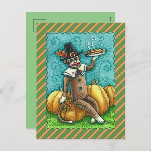 SOCK MONKEY THANKSGIVING EN PUMPKIN PIE FEESTDAGENKAART (Voorkant / Achterkant)