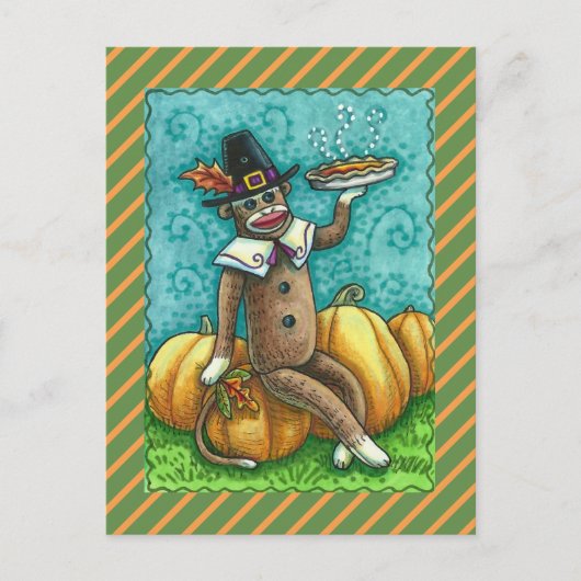 SOCK MONKEY THANKSGIVING EN PUMPKIN PIE FEESTDAGENKAART (Voorkant)