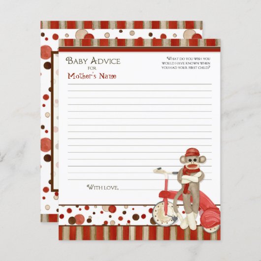 Sock Monkey, Tricycle, Boy Baby shower Advice (Voorkant / Achterkant)