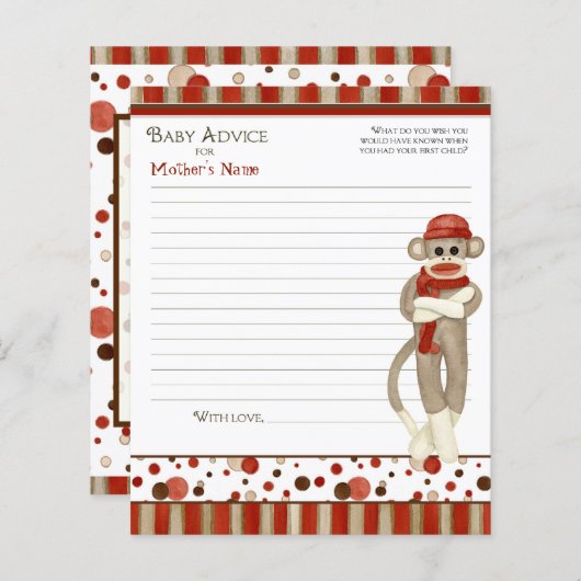 Sock Monkey, Tricycle, Boy Baby shower Advice (Voorkant / Achterkant)