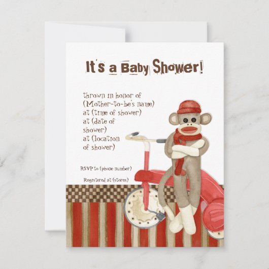 Sock Monkey, Tricycle, Boy Baby shower Invitation (Devant)