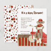 Sock Monkey, Tricycle, Boy Baby shower Invitation Kaart (Voorkant / Achterkant)