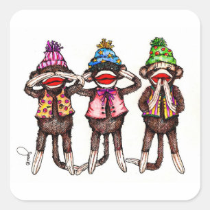 Sock Monkey Trio - Zie, luister, spreek geen Kwaad Vierkante Sticker