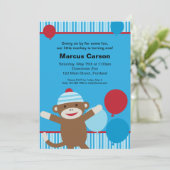 Sock Monkey-uitnodiging - blauw Kaart (Staand voorkant)