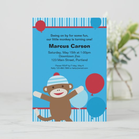 Sock Monkey-uitnodiging - blauw Kaart (Staand voorkant)