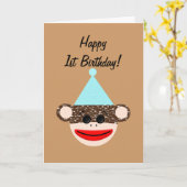 Sock Monkey Verjaardag Kaart (Gele Bloem)