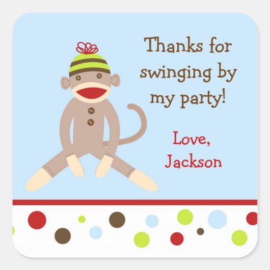 Sock Monkey Verjaardagsfeest Voorkeur Stickers lab (Voorkant)