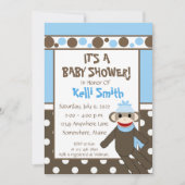 Sock Singe Bleu et Blanc Bébé Douche Invitations (Devant)