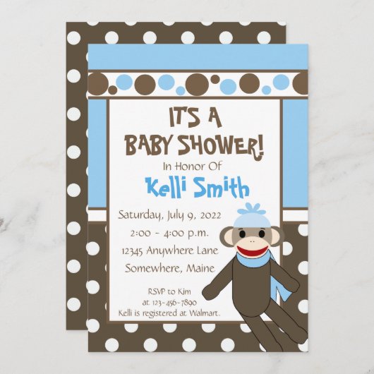 Sock Singe Bleu et Blanc Bébé Douche Invitations (Devant / Derrière)