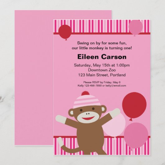 Socket Monkey Invitation - Roze Kaart (Voorkant / Achterkant)